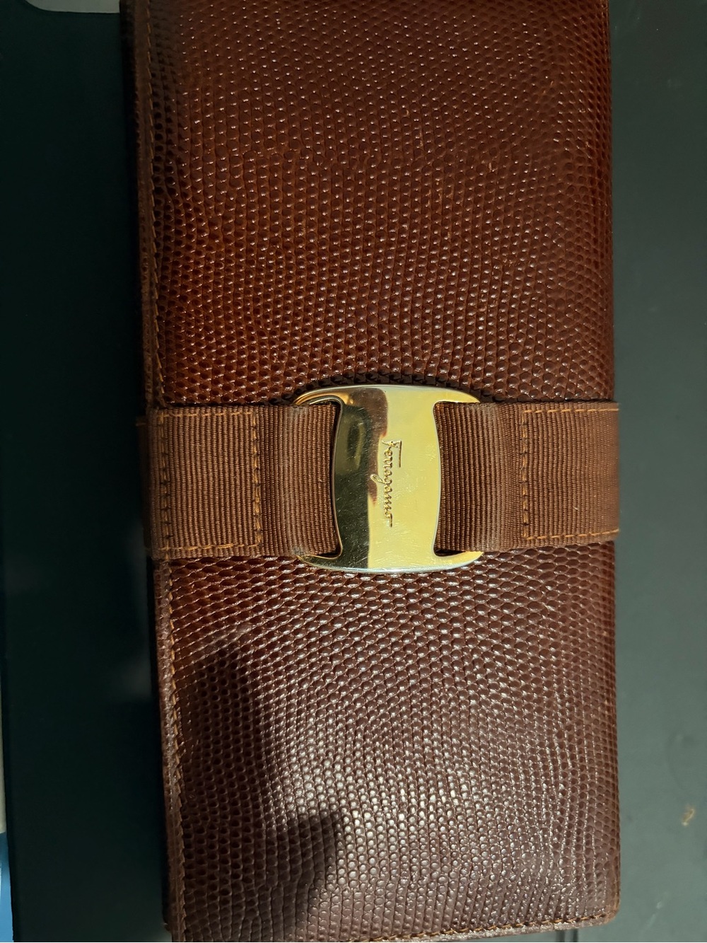 Salvatore Ferragamo Brown Textured Leather Bow Clasp Wallet